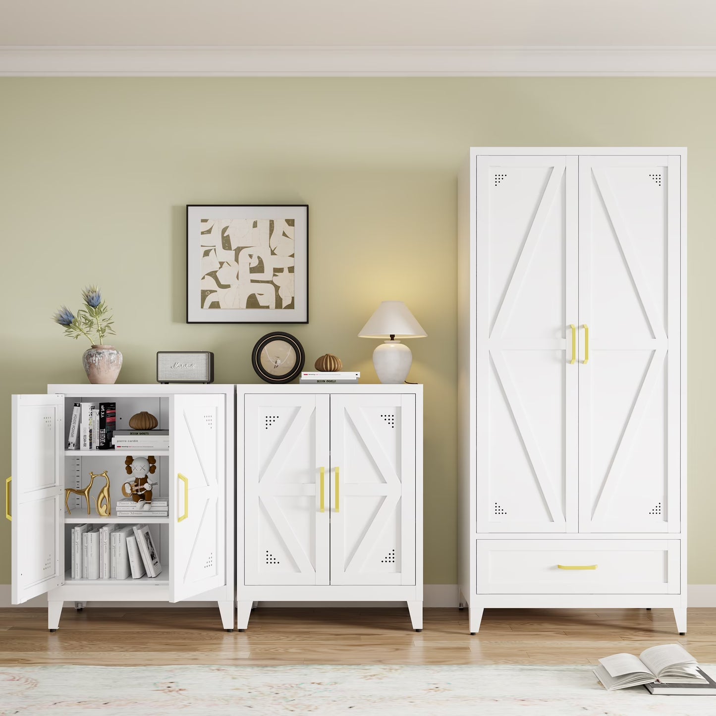 NadooLite 71"H White Metal Storage Cabinet with Adjustable Shelves, 2 Doors & 1 Drawers, Multi-Use Organizer for Garage,Dining,Bath,Laundry,Pantry