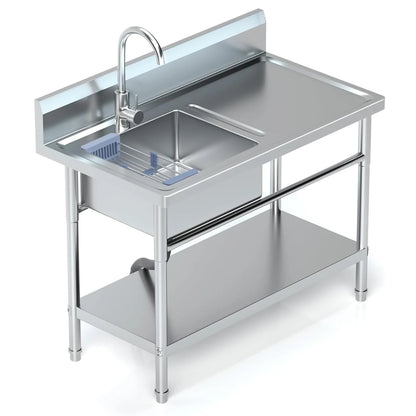 Stainless Steel Utility Sink with Cold and Hot Water Pipes, Free Standing Single Bowl Commercial Kitchen Sink with Workbench,Storage Shelf& Faucet ,For Kitchen,Bathroom,Farmhouse,Indoor,Outdoor