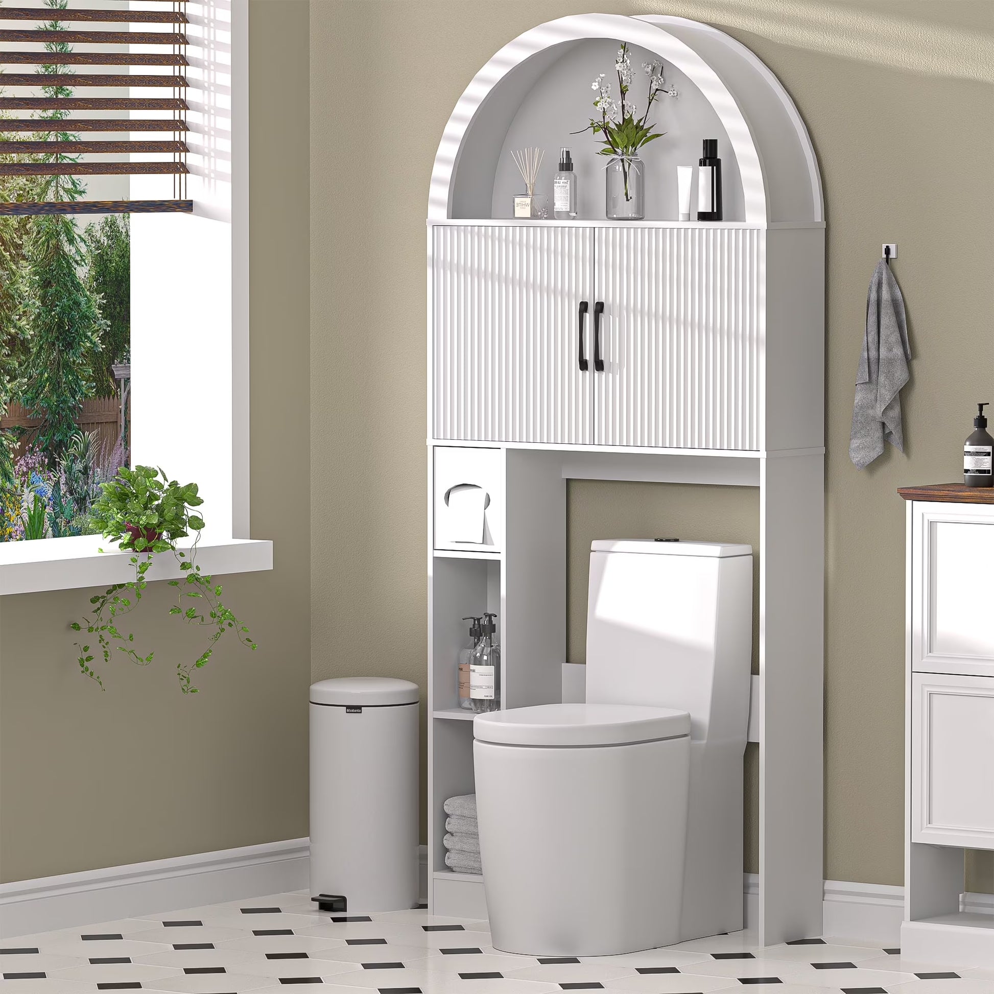 HARIPUL Over The Toilet Storage Cabinet w/ Unique Wood Grain & Arc Design, Freestanding Bathroom Shelf Organizer Space Saver w/ Doors & Anti-Tip Device, Wood Color
