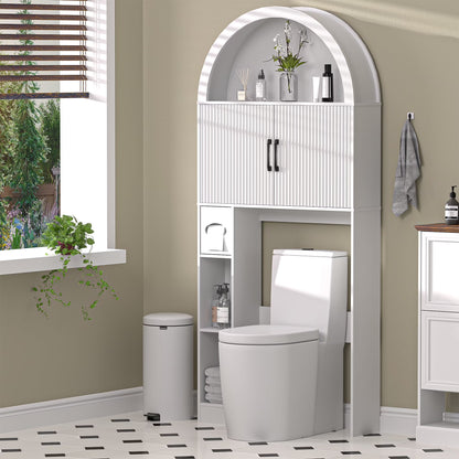 HARIPUL Over The Toilet Storage Cabinet w/ Unique Wood Grain & Arc Design, Freestanding Bathroom Shelf Organizer Space Saver w/ Doors & Anti-Tip Device, Wood Color