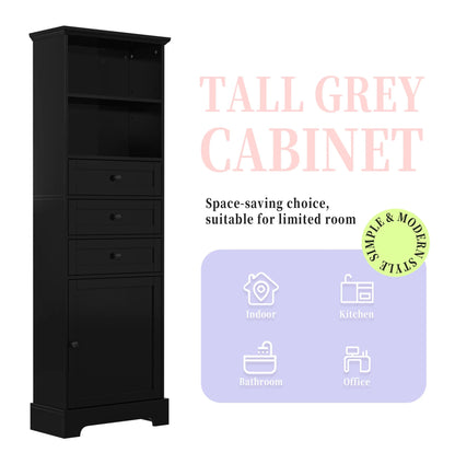 Black Tall Storage Cabinet with 3 Drawers and Adjustable Shelves for Bathroom, Study, Office and Interior, MDF Board with Painted Finish Black + MDF