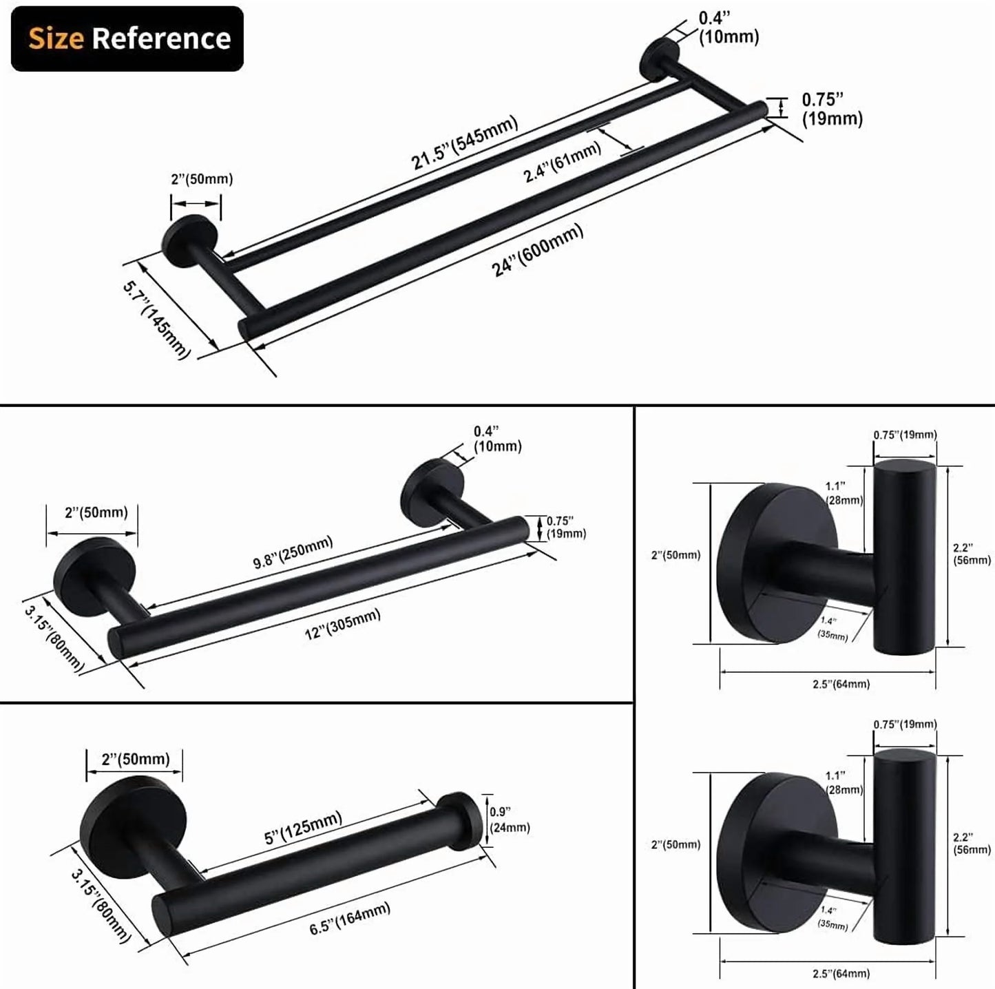 Matte Black Bathroom Accessories Kit 5-Pieces Bathroom Hardware Set Wall Mounted - Includes 24" Double Towel Bar, 12" Hand Towel Bar, Toilet Paper Holder, 2X Robe Towel Hooks …
