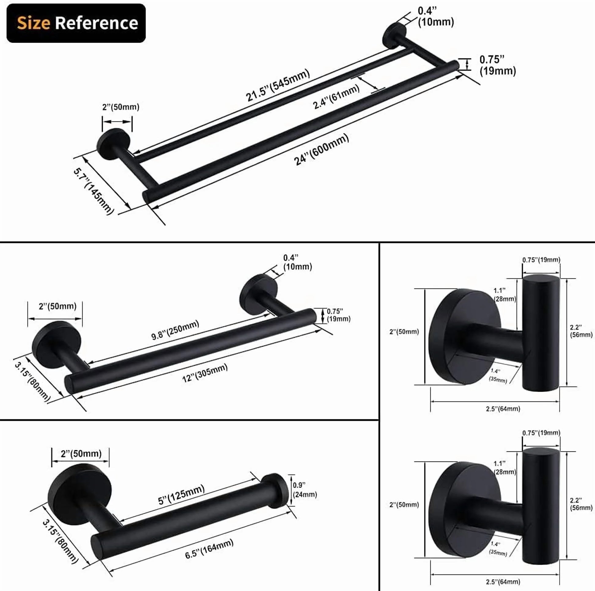 Matte Black Bathroom Accessories Kit 5-Pieces Bathroom Hardware Set Wall Mounted - Includes 24" Double Towel Bar, 12" Hand Towel Bar, Toilet Paper Holder, 2X Robe Towel Hooks …