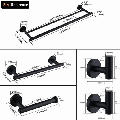 Matte Black Bathroom Accessories Kit 5-Pieces Bathroom Hardware Set Wall Mounted - Includes 24" Double Towel Bar, 12" Hand Towel Bar, Toilet Paper Holder, 2X Robe Towel Hooks …