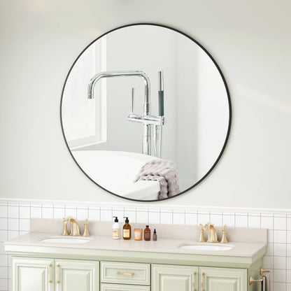 DUOSONG Wall Mirror 42 Inch Black Circular Mirror Metal Framed Mirror Round Vanity Mirror Dressing Mirror, For Bathroom, Living Room, Bedroom Wall Decor Black Glass Mirrors Bathroom Mirrors