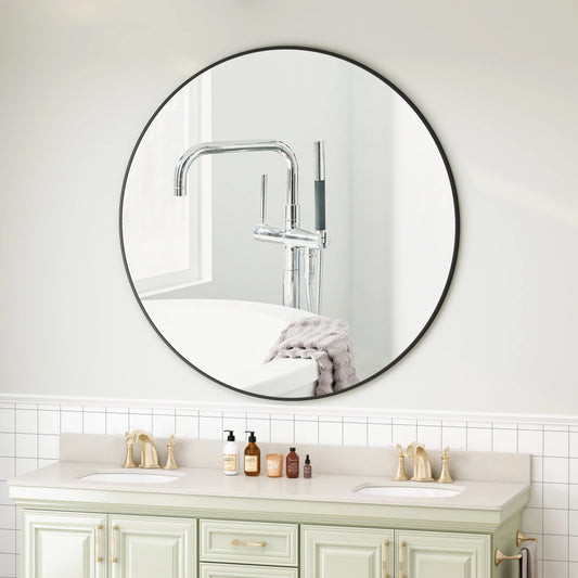 DUOSONG Wall Mirror 42 Inch Black Circular Mirror Metal Framed Mirror Round Vanity Mirror Dressing Mirror, For Bathroom, Living Room, Bedroom Wall Decor Black Glass Mirrors Bathroom Mirrors