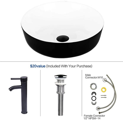 ELECWISH Black and White Ceramic Square Bathroom Sink Vessel Sink with Black Faucet and Pop up drain Combo, Round