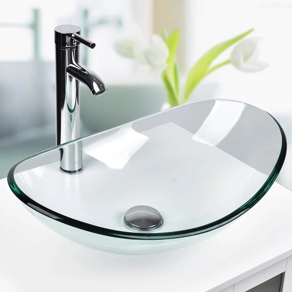 ELECWISH Bathroom Frosted Vessel Sink Tempered Glass Basin Chrome Faucet Pop-up Drain Combo
