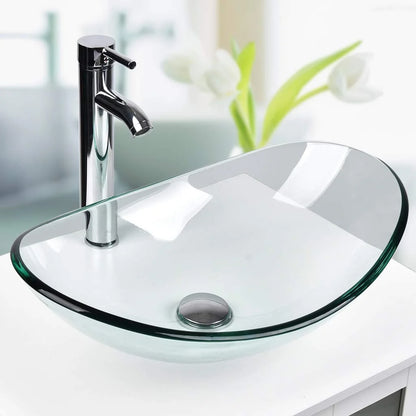 ELECWISH Bathroom Frosted Vessel Sink Tempered Glass Basin Chrome Faucet Pop-up Drain Combo