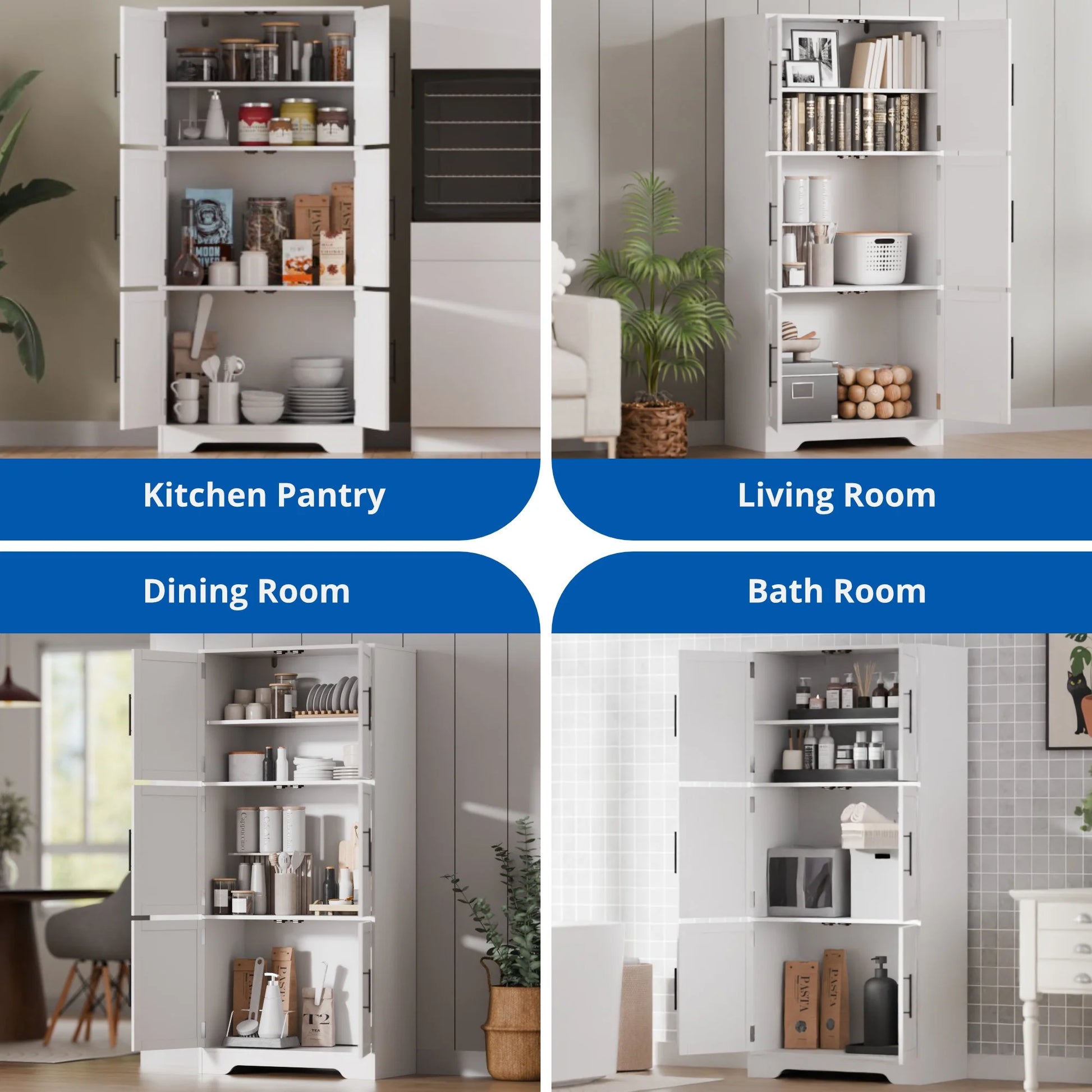 Cozy Castle 68.5" Kitchen Pantry Storage Cabinet with 6 Doors and 3 Shelves Tall Food Pantry Cabinet 4-Tier White Cabinet for Kitchen Living Room Dining Room Bathroom