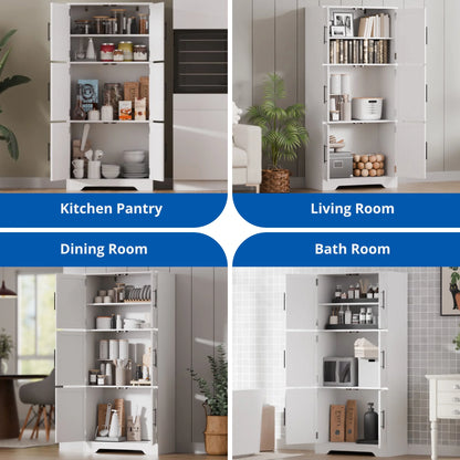 Cozy Castle 68.5" Kitchen Pantry Storage Cabinet with 6 Doors and 3 Shelves Tall Food Pantry Cabinet 4-Tier White Cabinet for Kitchen Living Room Dining Room Bathroom