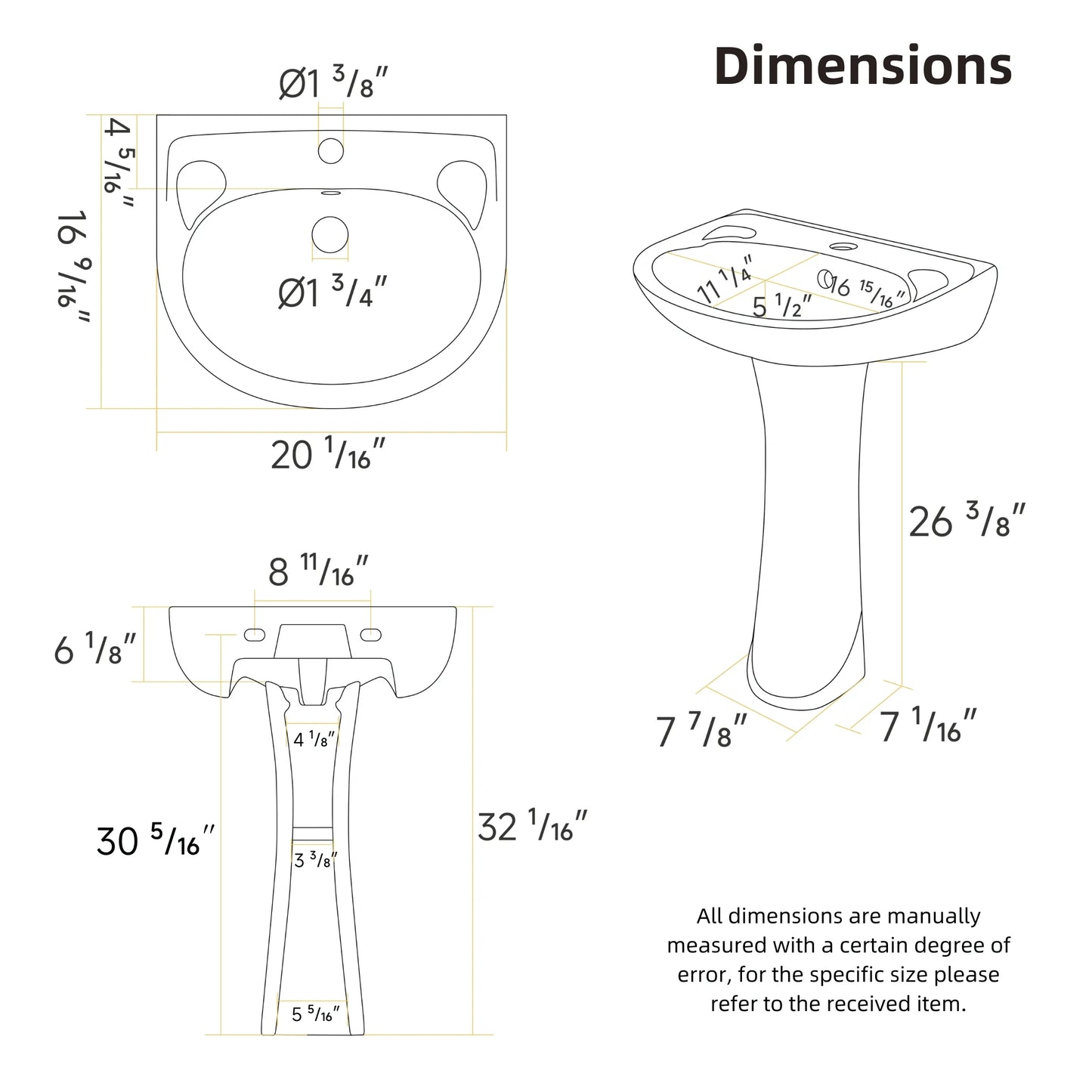 Los Flexi 20" x 17" Glossy White Pedestal Sink for Small Bathrooms with Overflow and Single Faucet Hole