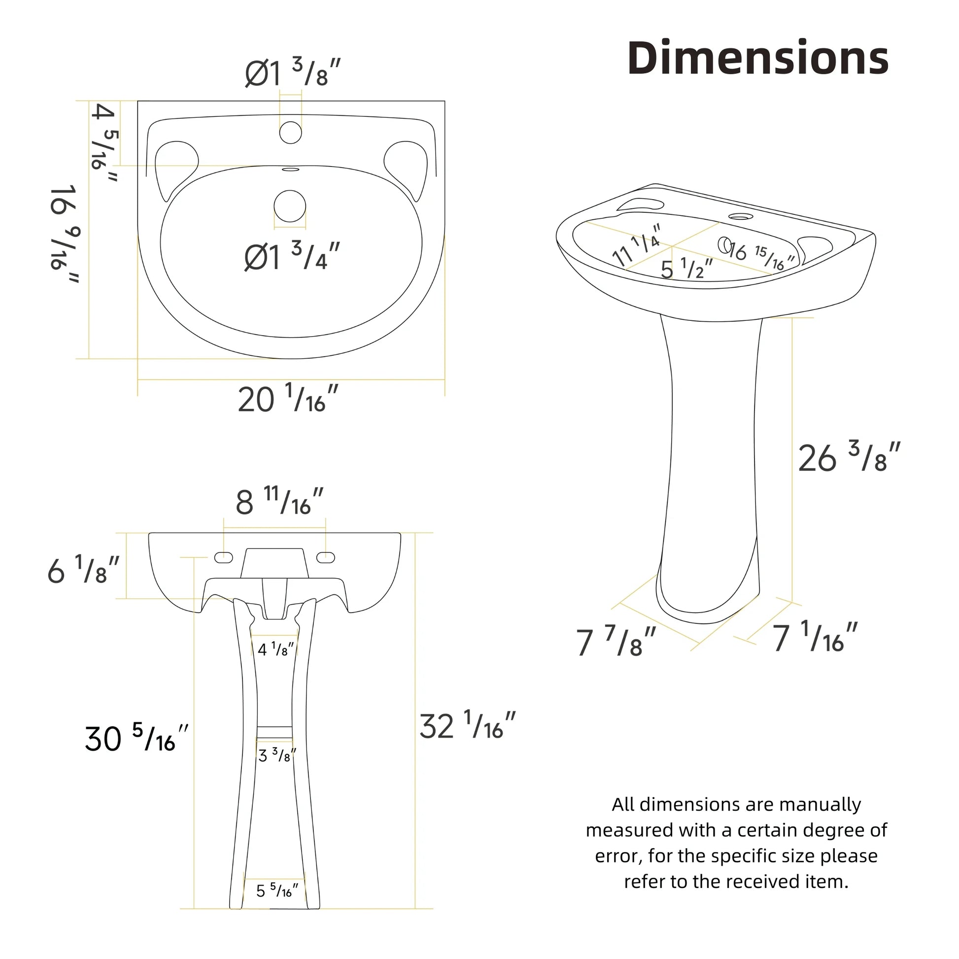 Los Flexi 20" x 17" Glossy White Pedestal Sink for Small Bathrooms with Overflow and Single Faucet Hole