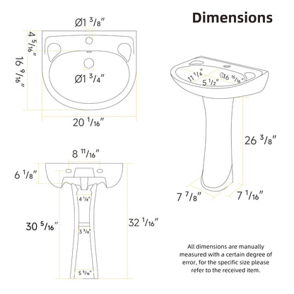 Los Flexi 20" x 17" Glossy White Pedestal Sink for Small Bathrooms with Overflow and Single Faucet Hole