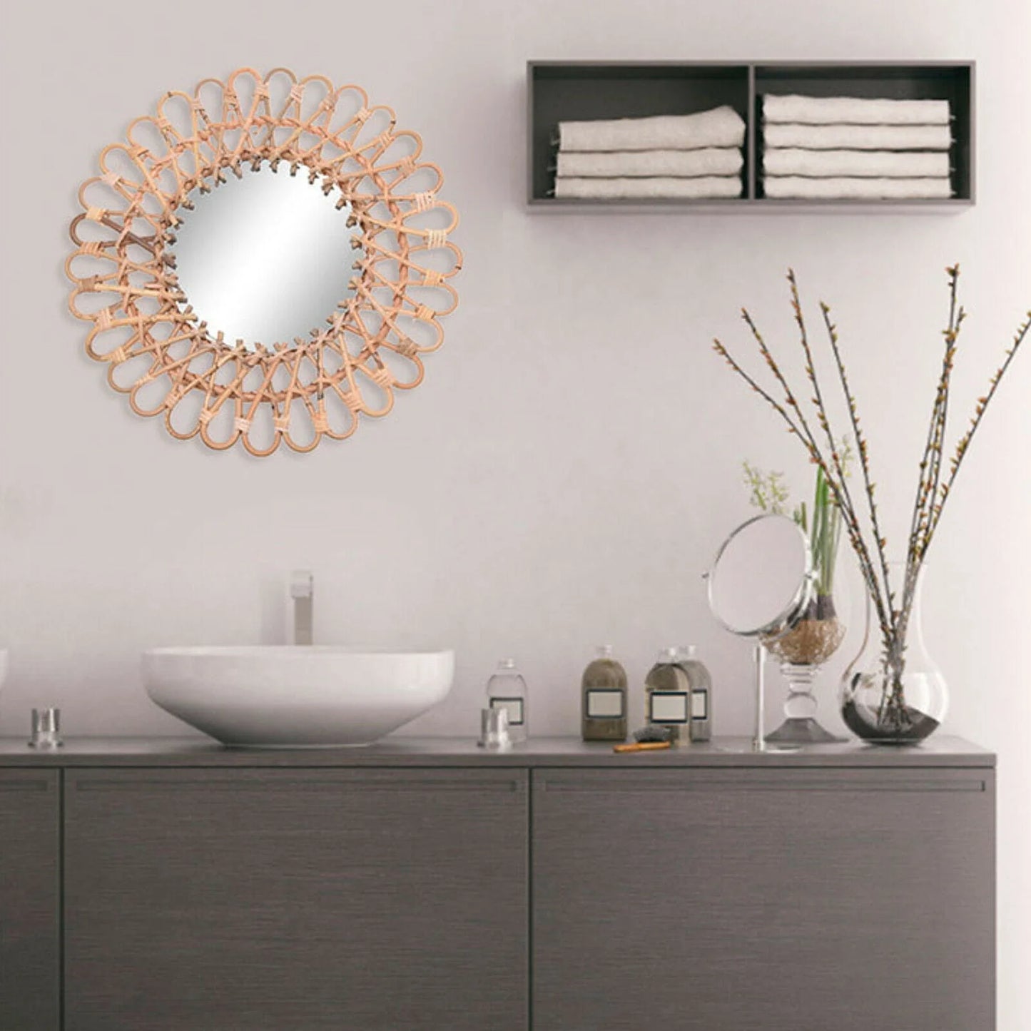 Miumaeov Rattan Wall Mirror Sunflower Round Wall Mirro for Living Room and Bathroom Decor Diameter 40cm/15.75"