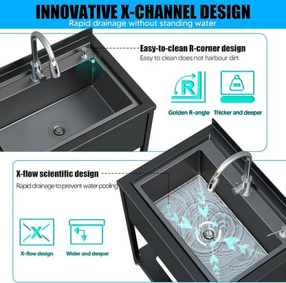 Stainless Steel Utility Sink, 30.8" × 22" × 39.5"Freestanding Sink with Cold and Hot Water Faucet,Hoses and Drain Kit for Kitchens, Bathrooms, Garage, Laundry Room