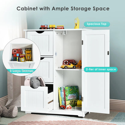 Costway Bathroom Floor Cabinet Side Storage Cabinet with 3 Drawers and 1 Cupboard White