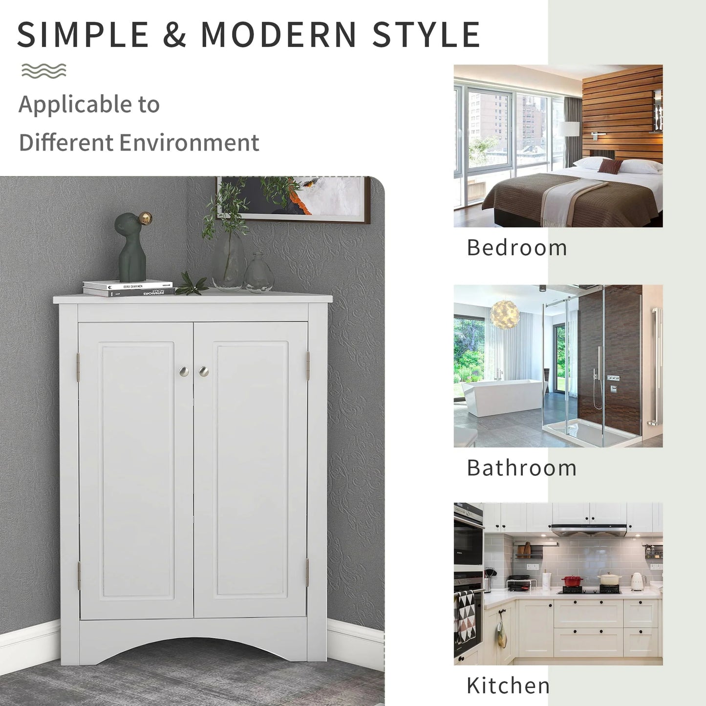 Bathroom Storage Floor Cabinet, Corner Shower Towel Storage Organizer Cabinet Wooden Triangle Bathroom Storage Cabinet, Heavy Duty Freestanding Triangle Cabinet with 2 Adjustable Shelves, White