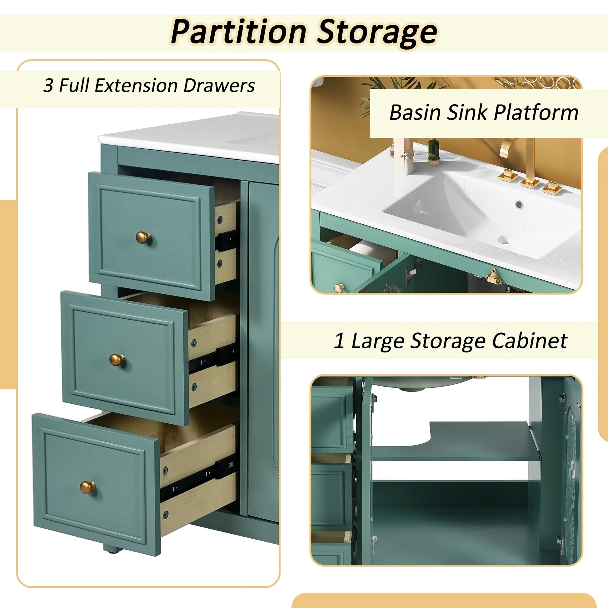 Euroco 36-inch Bathroom Vanity with 2 Soft Close Doors, Solid Wood Frame Modern Bathroom Storage Cabinet with 3 Drawers