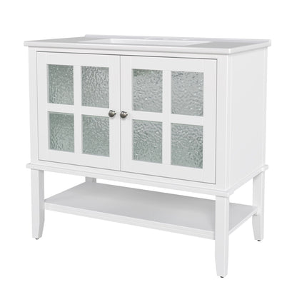Christopher Knight Home 36" Bathroom Vanity with Sink, Textured Glass Doors, Open Shelf, White