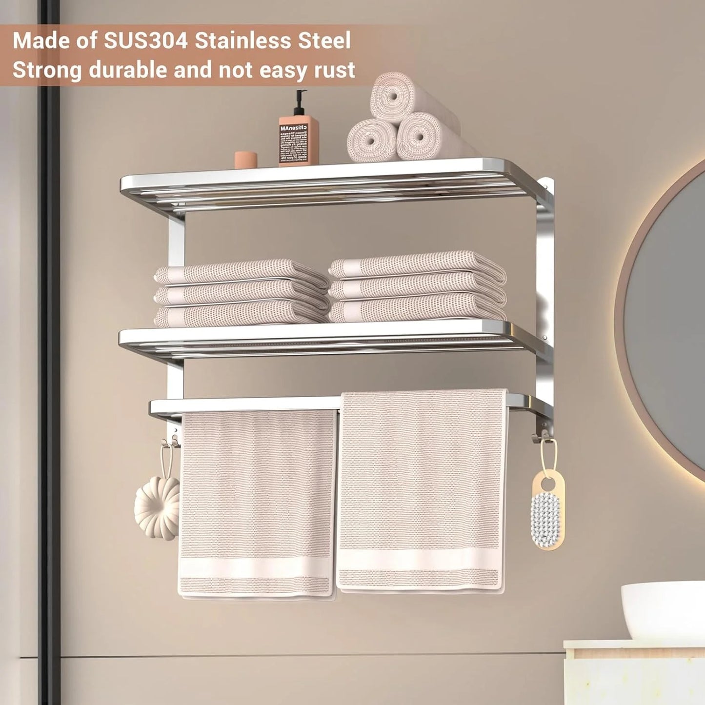 3-Tier Towel Racks for Bathroom with Towel Bars Multilayer Hotel Towel Shelf Stainless Steel Wall-Mounted Brushed Finish Holder with Towel Shelves 23 Inches