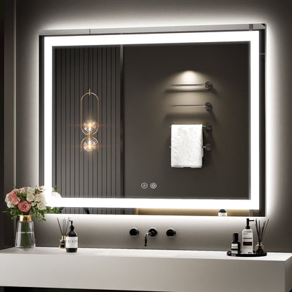 JSneijder 40x32 inch LED Bathroom Mirror, Wall Mounted Frameless Lighted Bathroom Mirror, Dimmable, Anti-Fog, Horizontal/Vertical