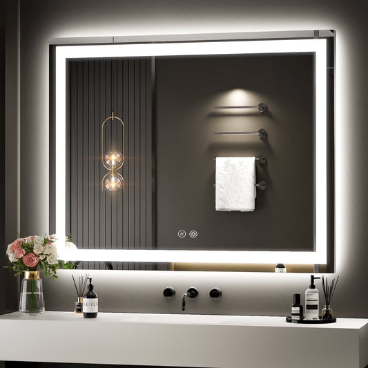 JSneijder 40x32 inch LED Bathroom Mirror, Wall Mounted Frameless Lighted Bathroom Mirror, Dimmable, Anti-Fog, Horizontal/Vertical