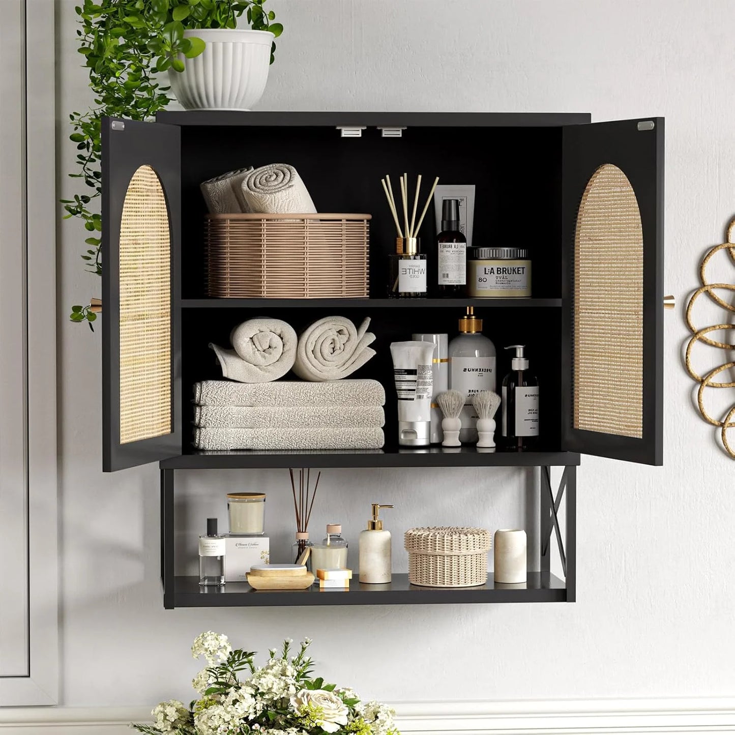 VEANERWOOD Rattan Bathroom Wall Storage Cabinet with Double Doors and Adjustable Shelves, Medicine Wall Storage Cabinet for Kitchen, Toilet, Bathroom