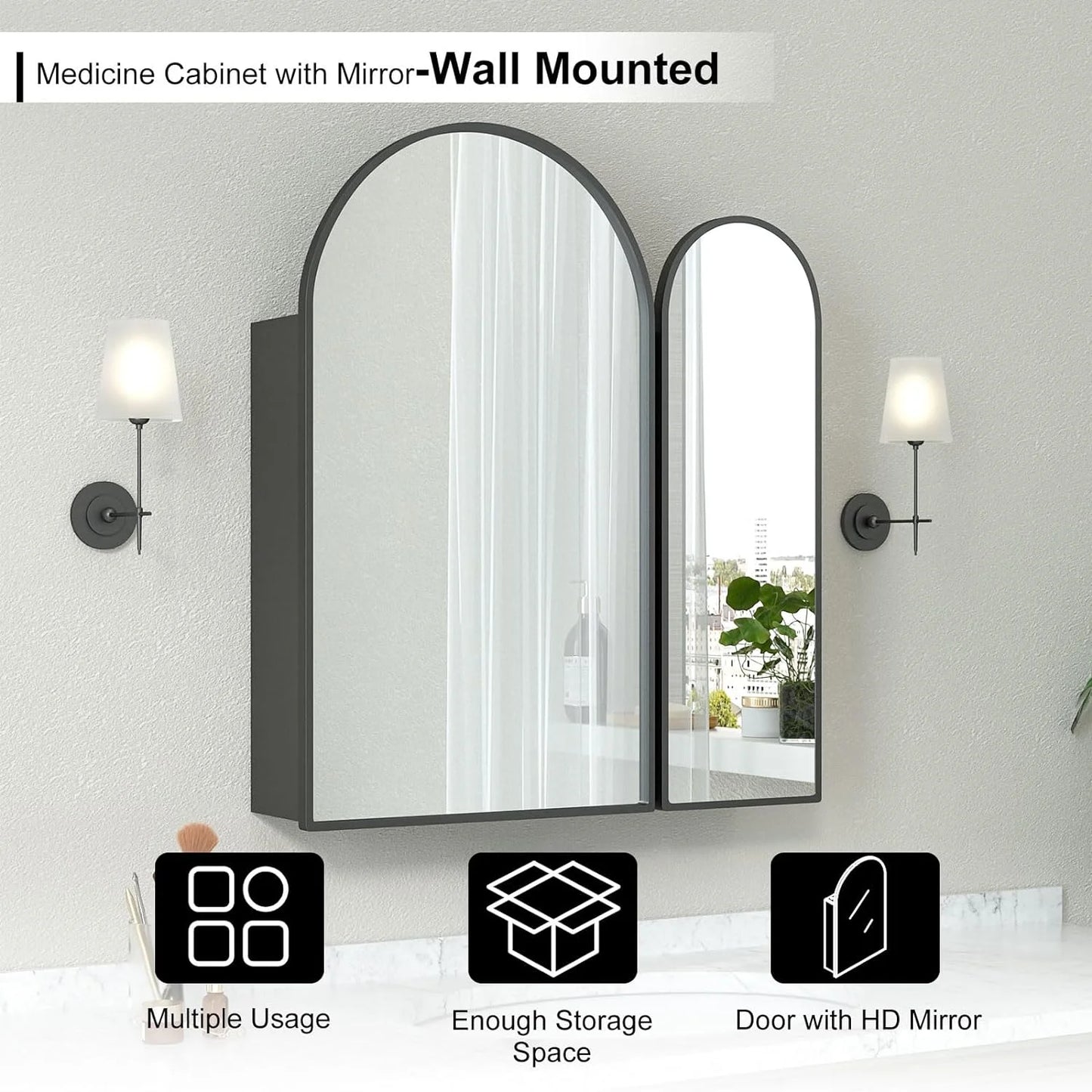 Black Arched Medicine Cabinet with Mirror,Black Medicine Cabinet with 2 Doors,Bathroom Medicine Cabinets Mirror Wall Mounted,24x28Inch