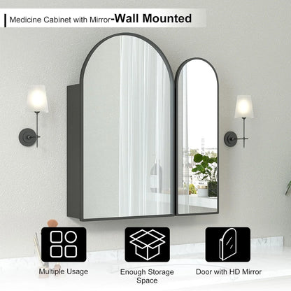 Black Arched Medicine Cabinet with Mirror,Black Medicine Cabinet with 2 Doors,Bathroom Medicine Cabinets Mirror Wall Mounted,24x28Inch