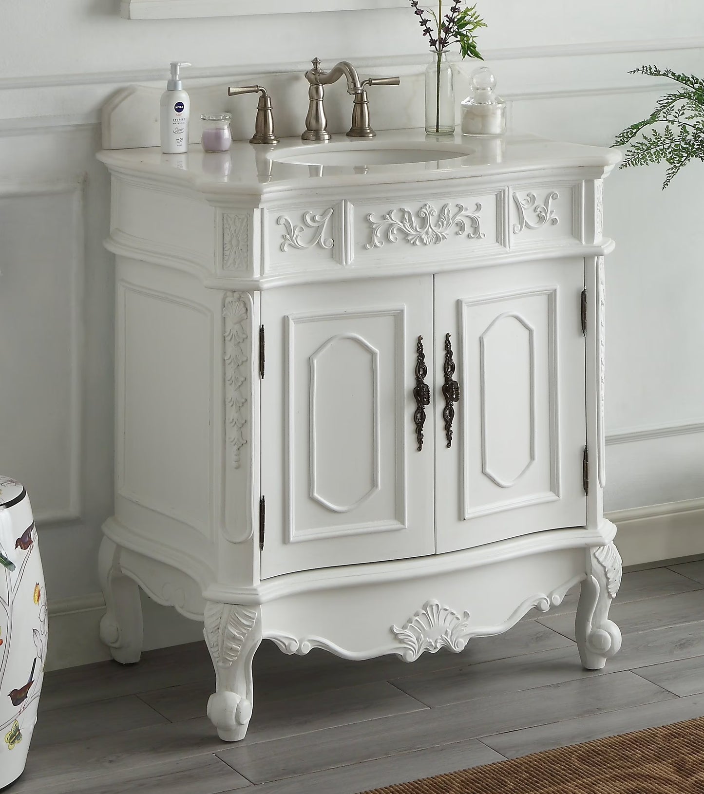33" Benton Collection Benson Antique White French Bathroom Vanity HF-021W-AW