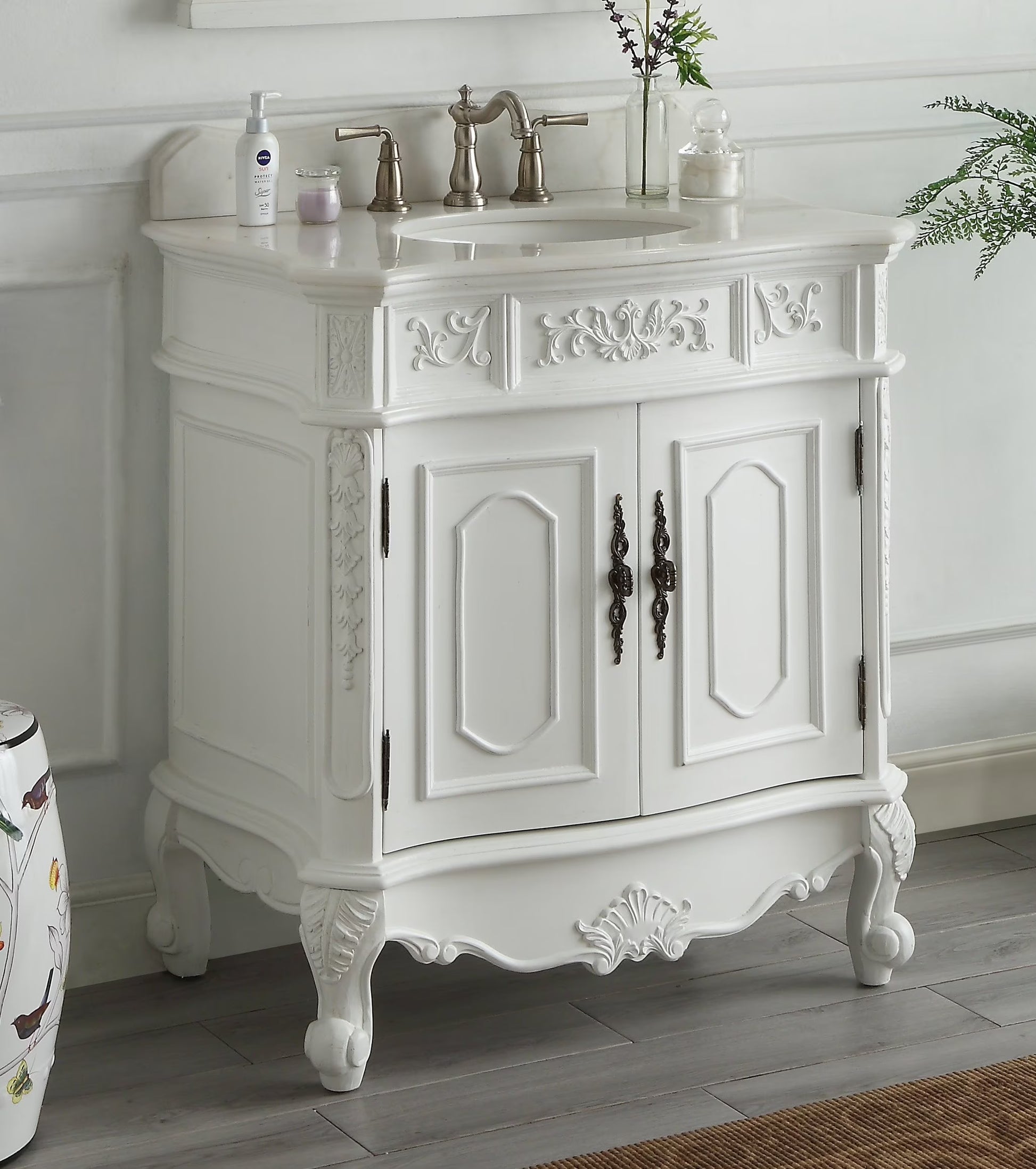33" Benton Collection Benson Antique White French Bathroom Vanity HF-021W-AW