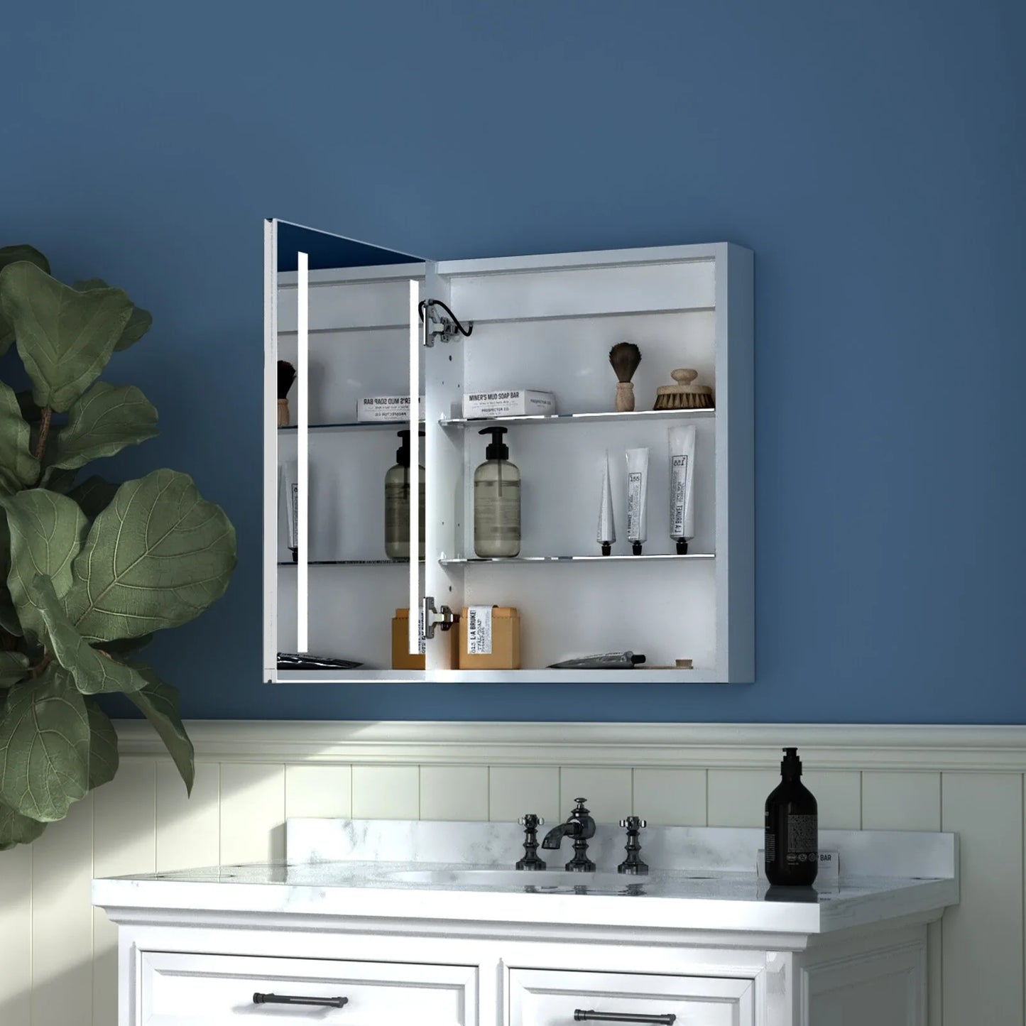 ExBrite 3 Touch Switch LED Lighted Bathroom Medicine Cabinet with Mirror, Recessed or Surface Mount, Defog, Stepless Dimming Right-hinged 20" x 26"