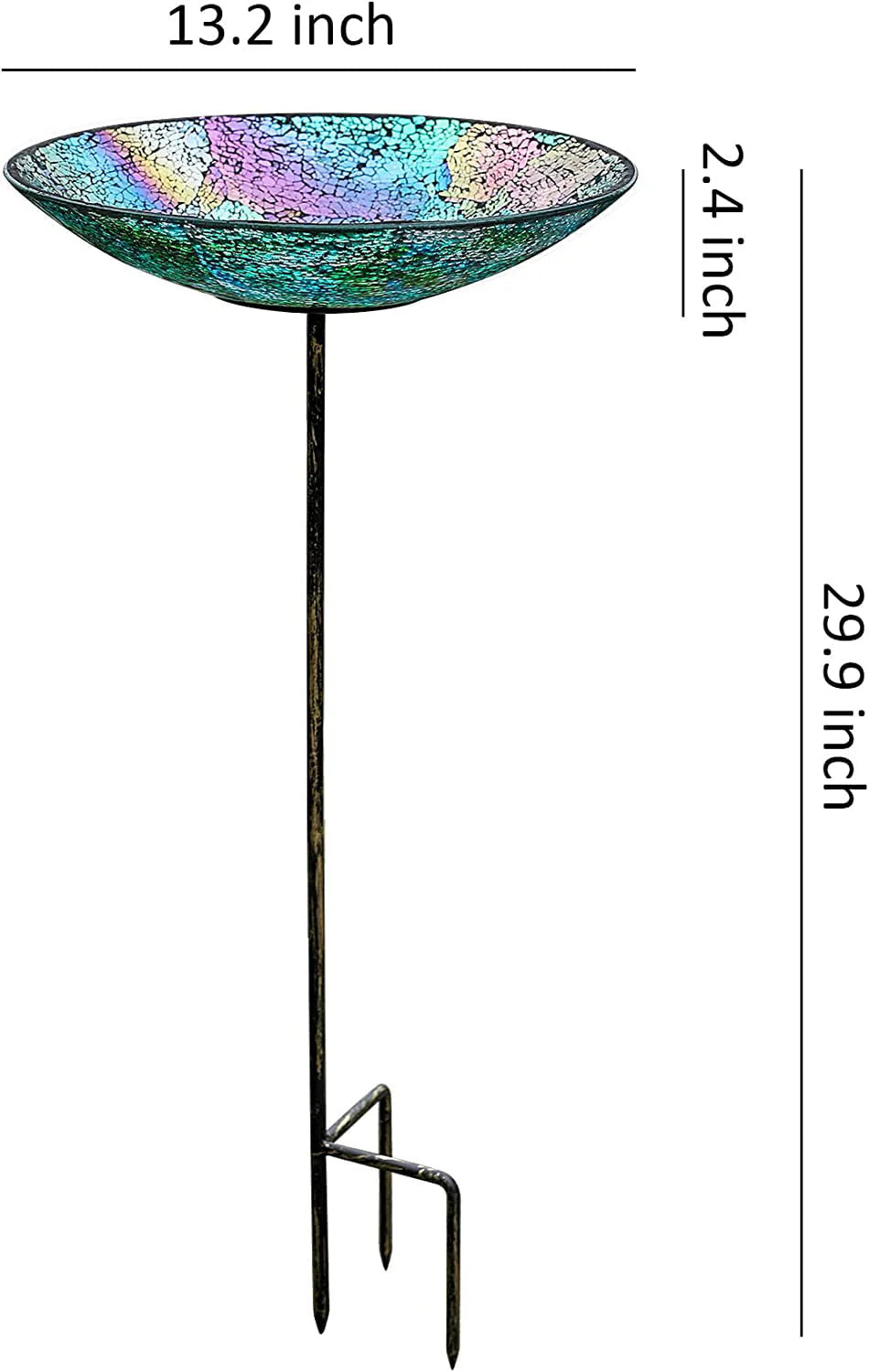 WHOLE HOUSEWARES D 13" x H 30" Birdbath/Feeder with Stake, Iridescent Crackled Glass