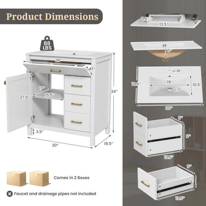 Costway 30" Bathroom Vanity with Sink 2 Drawers 1 Door 1 Flip-out Drawer Solid Wood Legs