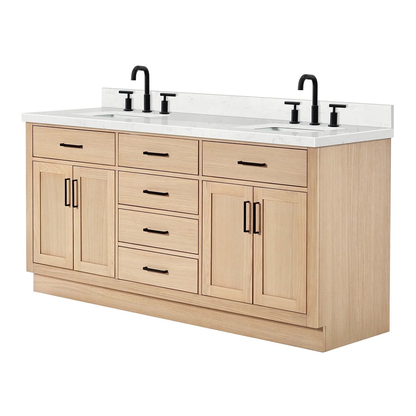 ARIEL Hepburn 72 Inch Double Rectangle Sink Bathroom Vanity With Carrara White Quartz Countertop 1.5 Inch Edge In Oak