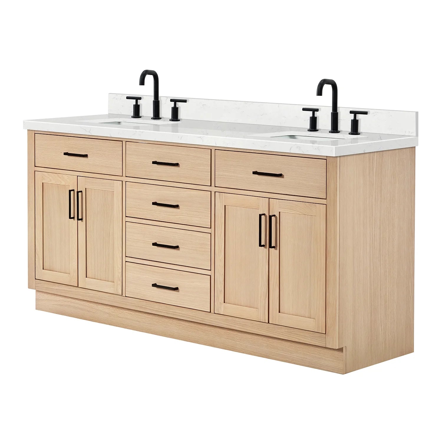 ARIEL Hepburn 72 Inch Double Rectangle Sink Bathroom Vanity With Carrara White Quartz Countertop 1.5 Inch Edge In Oak
