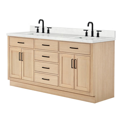 ARIEL Hepburn 72 Inch Double Rectangle Sink Bathroom Vanity With Carrara White Quartz Countertop 1.5 Inch Edge In Oak