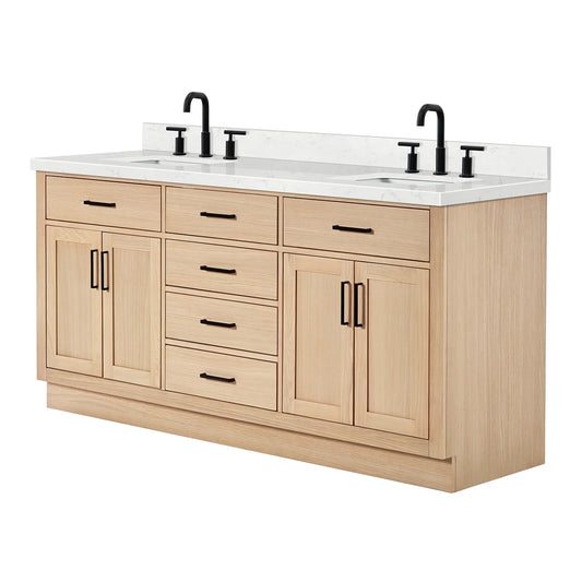ARIEL Hepburn 72 Inch Double Rectangle Sink Bathroom Vanity With Carrara White Quartz Countertop 1.5 Inch Edge In Oak