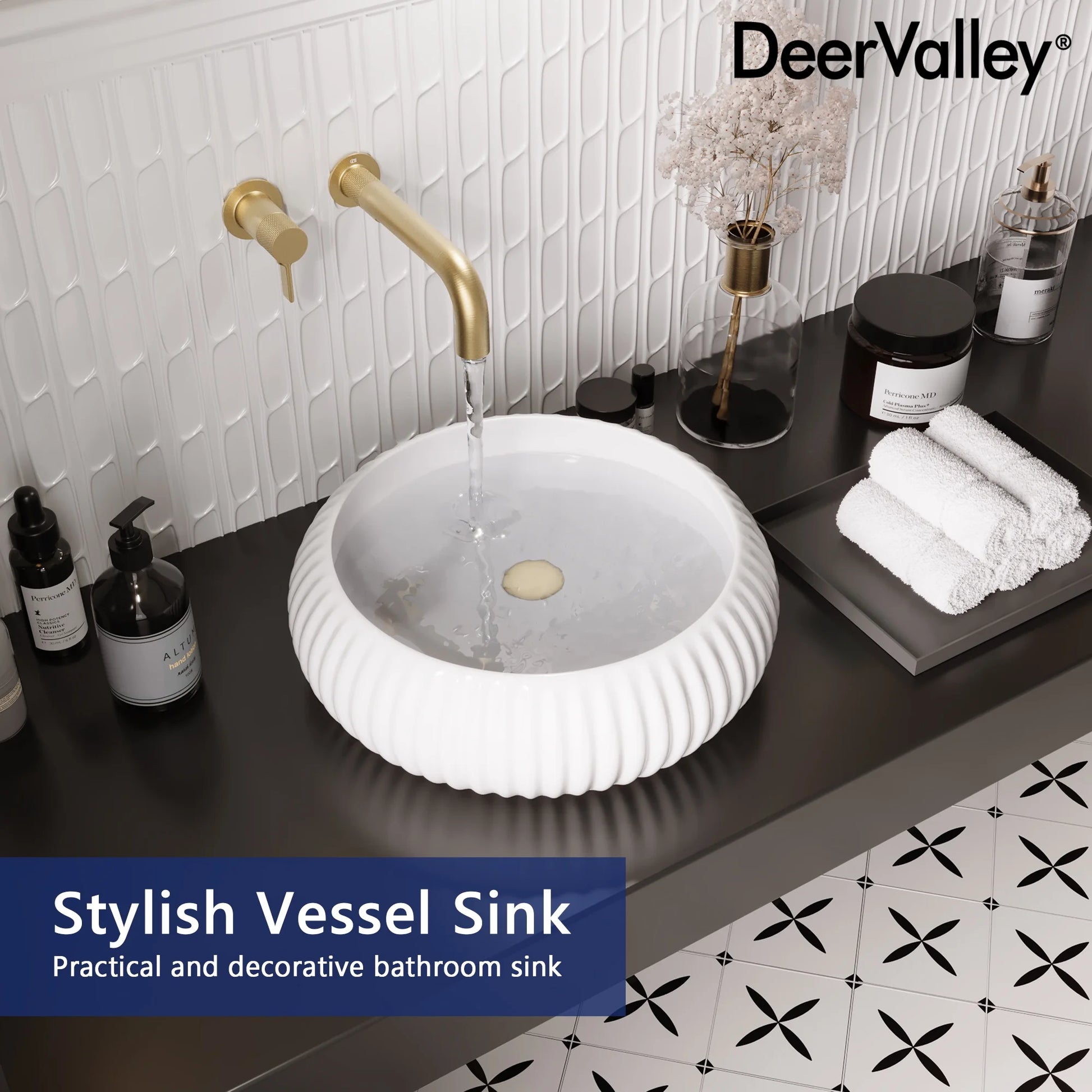 DV-1V0223 DeerValley 16" x 5'' Bathroom Sink,White Ceramic Circular Vessel Sink,Vitreous China Vessel Bathroom Sink with Fluted Sides and Overflow