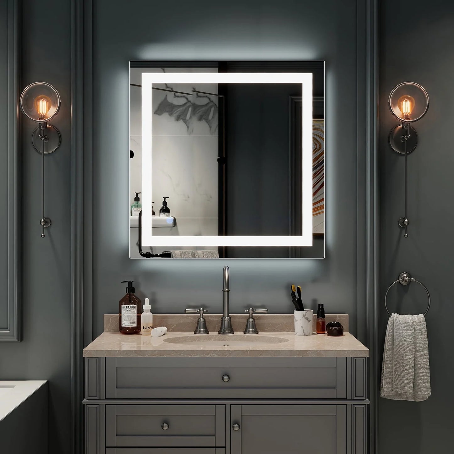 UBesGoo 32"x32'' Led Lighted Bathroom Mirror-Wall Mounted Touch Switch Illuminated Mirror,Vanity Mirrors for Home or Hotel,Silver