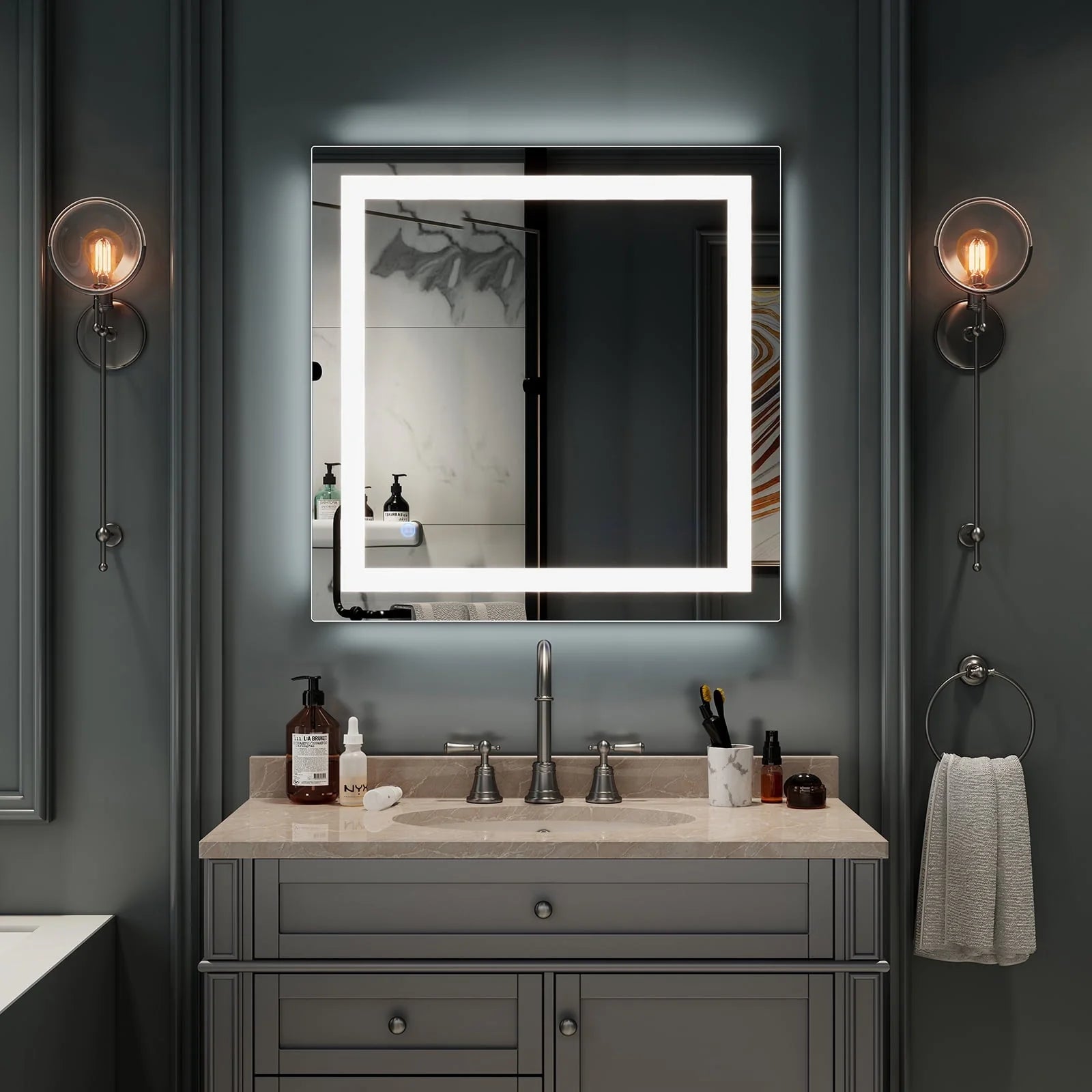 UBesGoo 32"x32'' Led Lighted Bathroom Mirror-Wall Mounted Touch Switch Illuminated Mirror,Vanity Mirrors for Home or Hotel,Silver