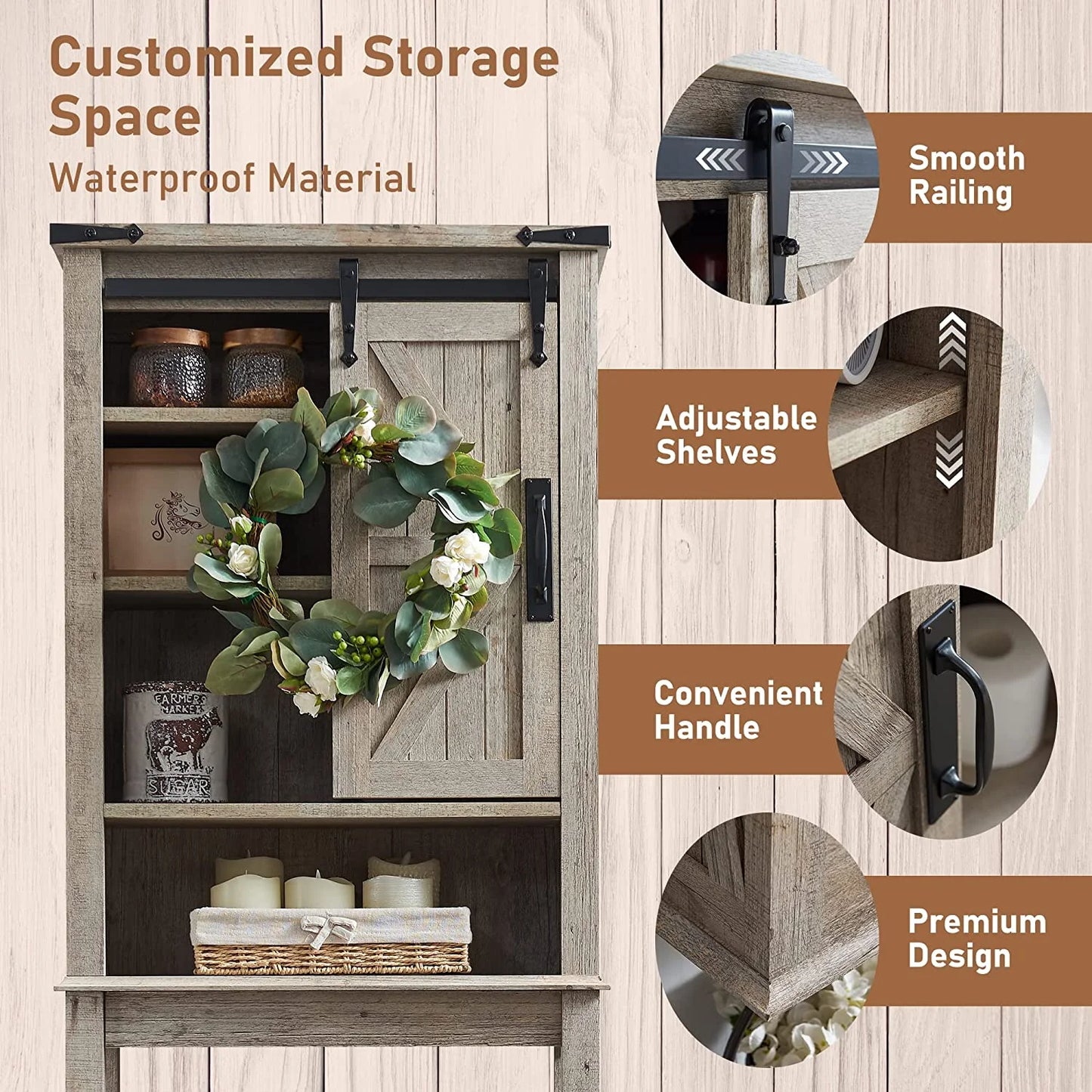 OKD 68In Farmhouse Over The Toilet Storage Cabinet with Sliding Bathroom Organizers and Storage Barn Door & Adjustable Shelves, Dark Rustic Oak