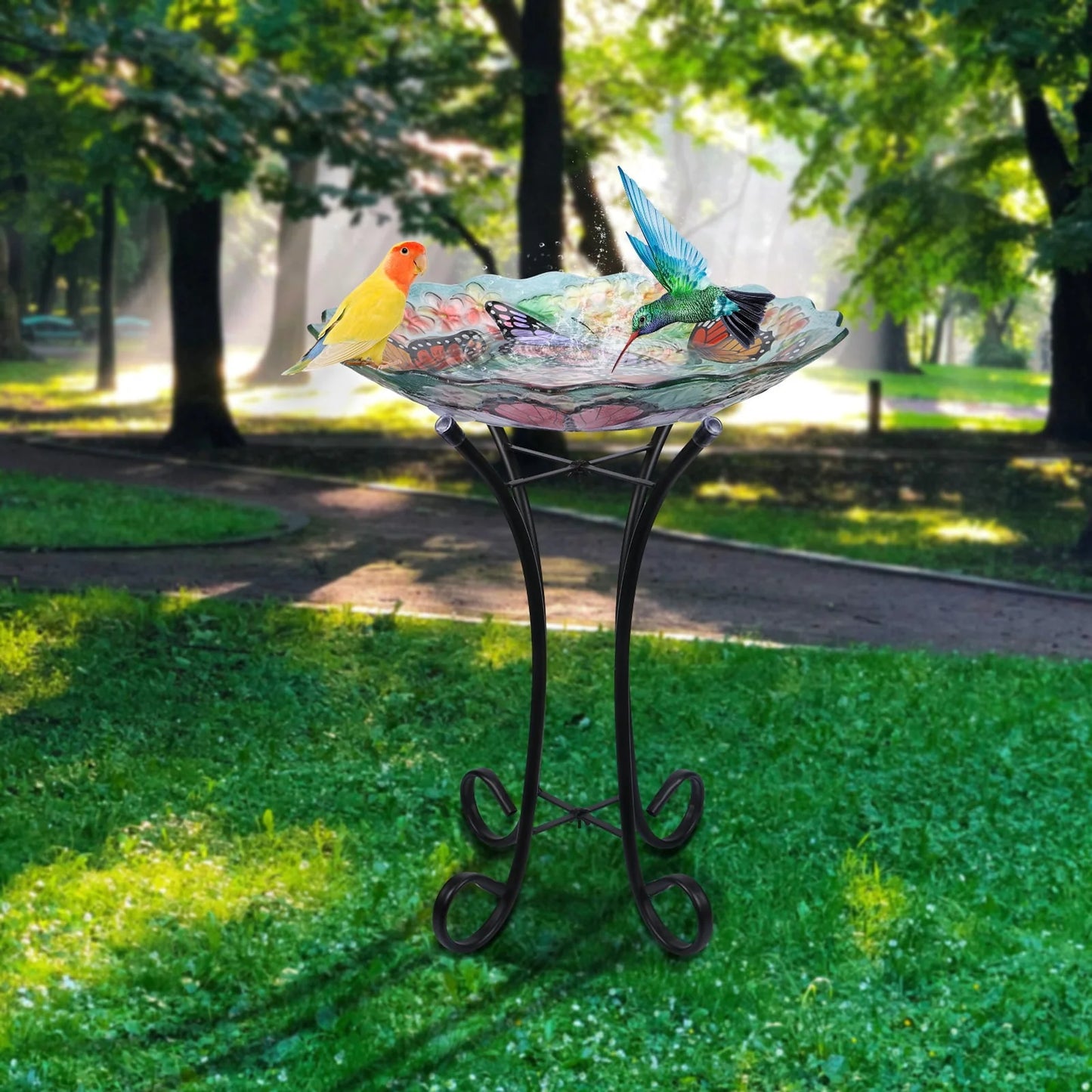 Glass Birdbath with Metal Stand Outdoor for Lawn Yard Garden Butterfly Decor, 18�?Dia 21.65�?Height