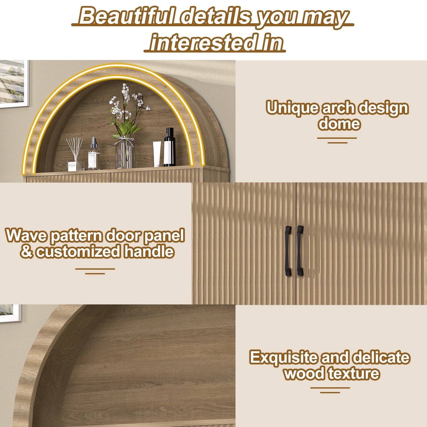 HARIPUL Over The Toilet Storage Cabinet w/ Unique Wood Grain & Arc Design, Freestanding Bathroom Shelf Organizer Space Saver w/ Doors & Anti-Tip Device, Wood Color