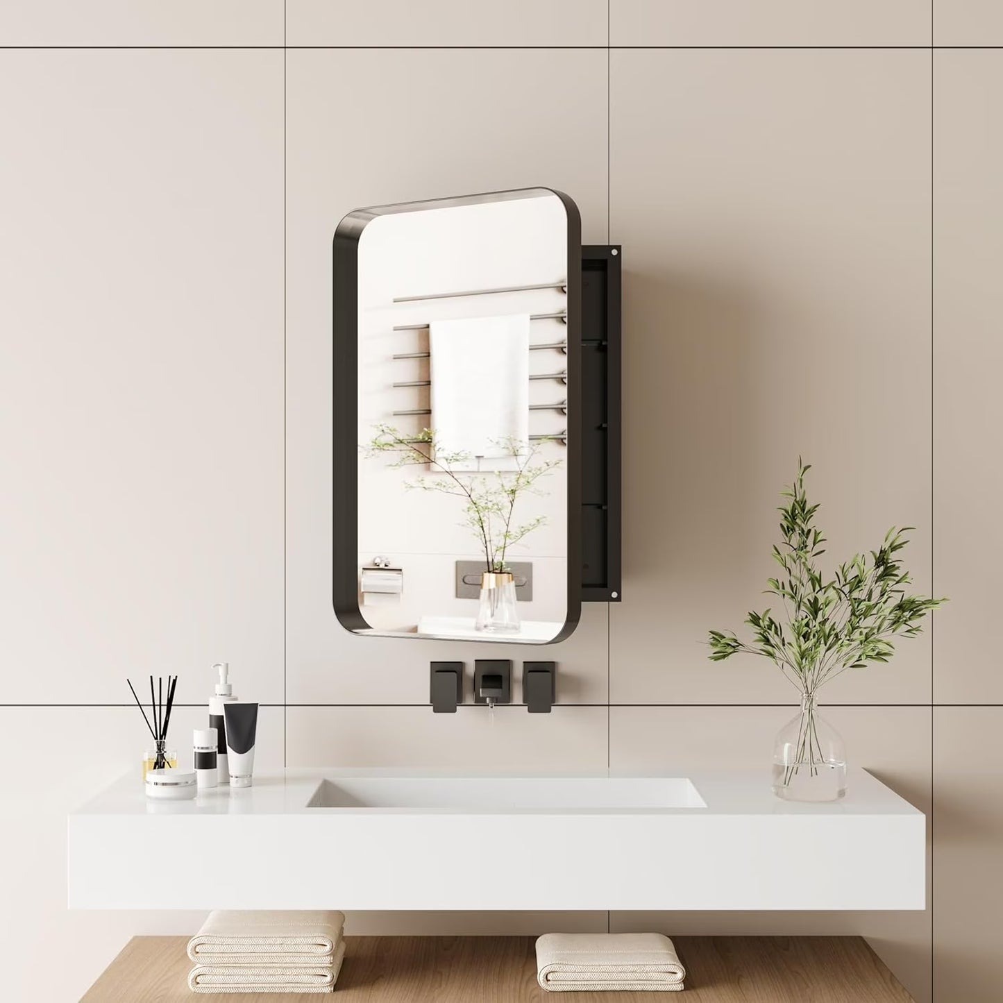 Bathroom Medicine Cabinet with Mirror,Recessed Round Corner Metal Framed Medicine Cabinet,Single Door Modern Storage Mirror Cabinet with Adjustable Shelves for Bathroom 15.74 x 23.6 Inch Matte Black