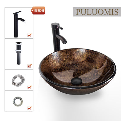 PULUOMIS Vessel Sink and Faucet Combo Bath Sinks with Mounting Ring and Pop Up Drain Round Bowl Basin Brown