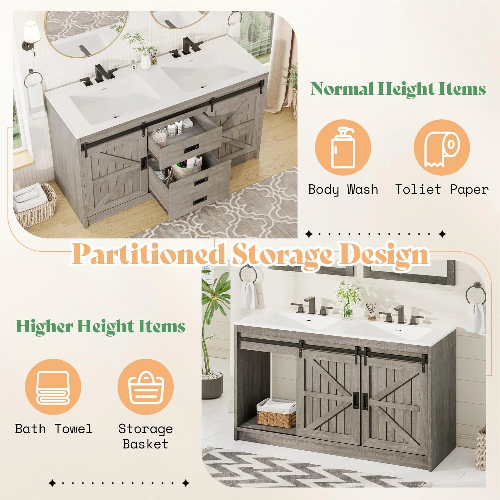 Merluxy 61" Farmhouse Double Bathroom Vanity with Sink Combo, Dual Basin Bathroom Storage Cabinet, Large Double Bath Vanity Sink Set, Rustic White
