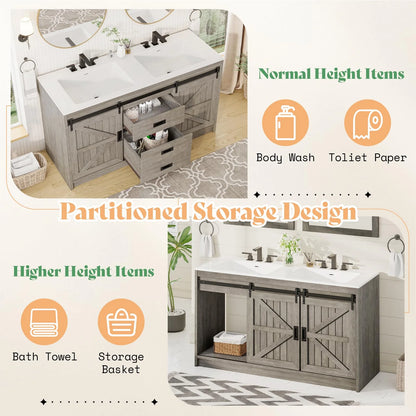 Merluxy 61" Farmhouse Double Bathroom Vanity with Sink Combo, Dual Basin Bathroom Storage Cabinet, Large Double Bath Vanity Sink Set, Rustic White