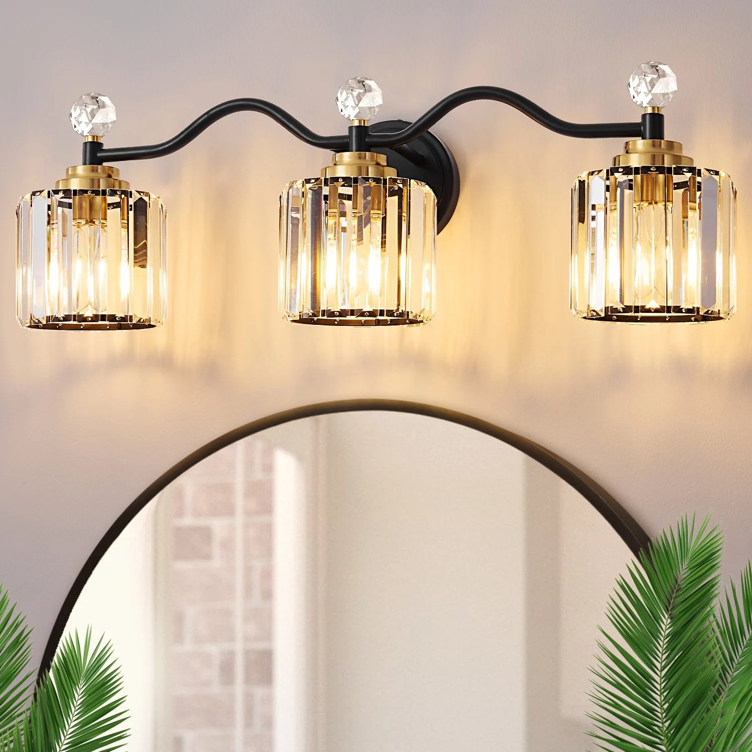 Deyidn 26" Modern 3-Light Black Gold Bathroom Vanity Light - Dimmable Bathroom Transitional Fixture with Crystal Glass Shades